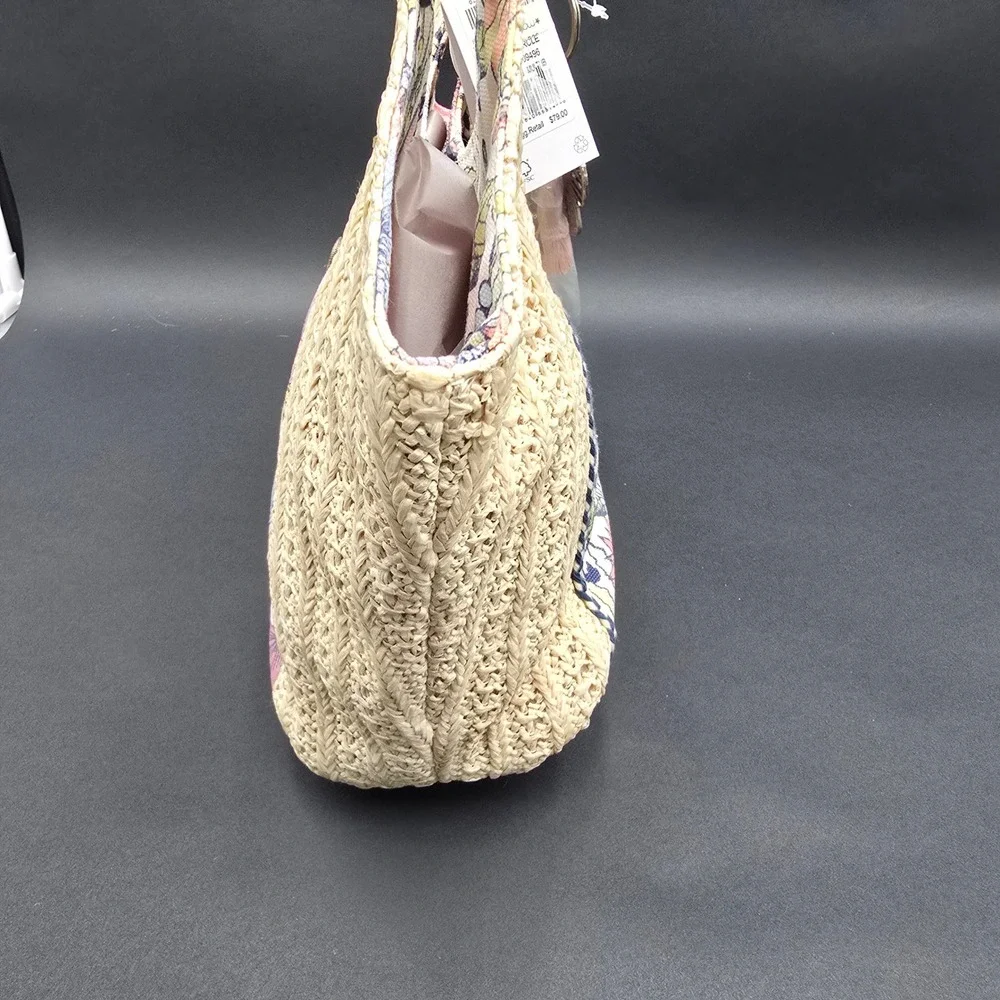 Sakroots Artist Circle Recycled City Straw Floral Butterfly Hobo Bag Navy Blue